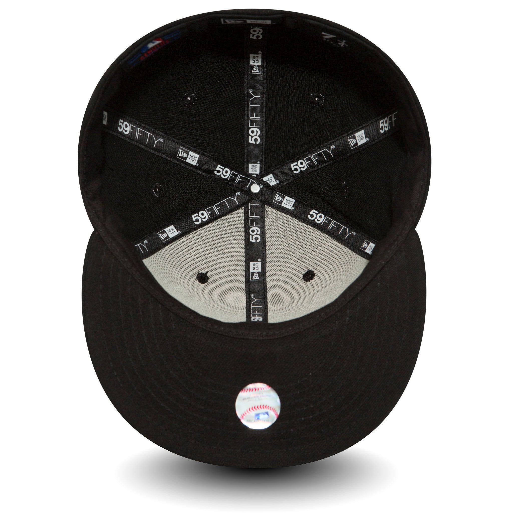 Sort New Era 59Fifty fitted cap med Los Angeles Dodgers-logo, klædt i sort, vises fra front- og sidesyn.