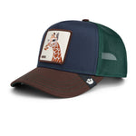 Goorin Bros tricolor giraffe trucker cap i flerfarvet design, med mesh bag og justerbar rem.