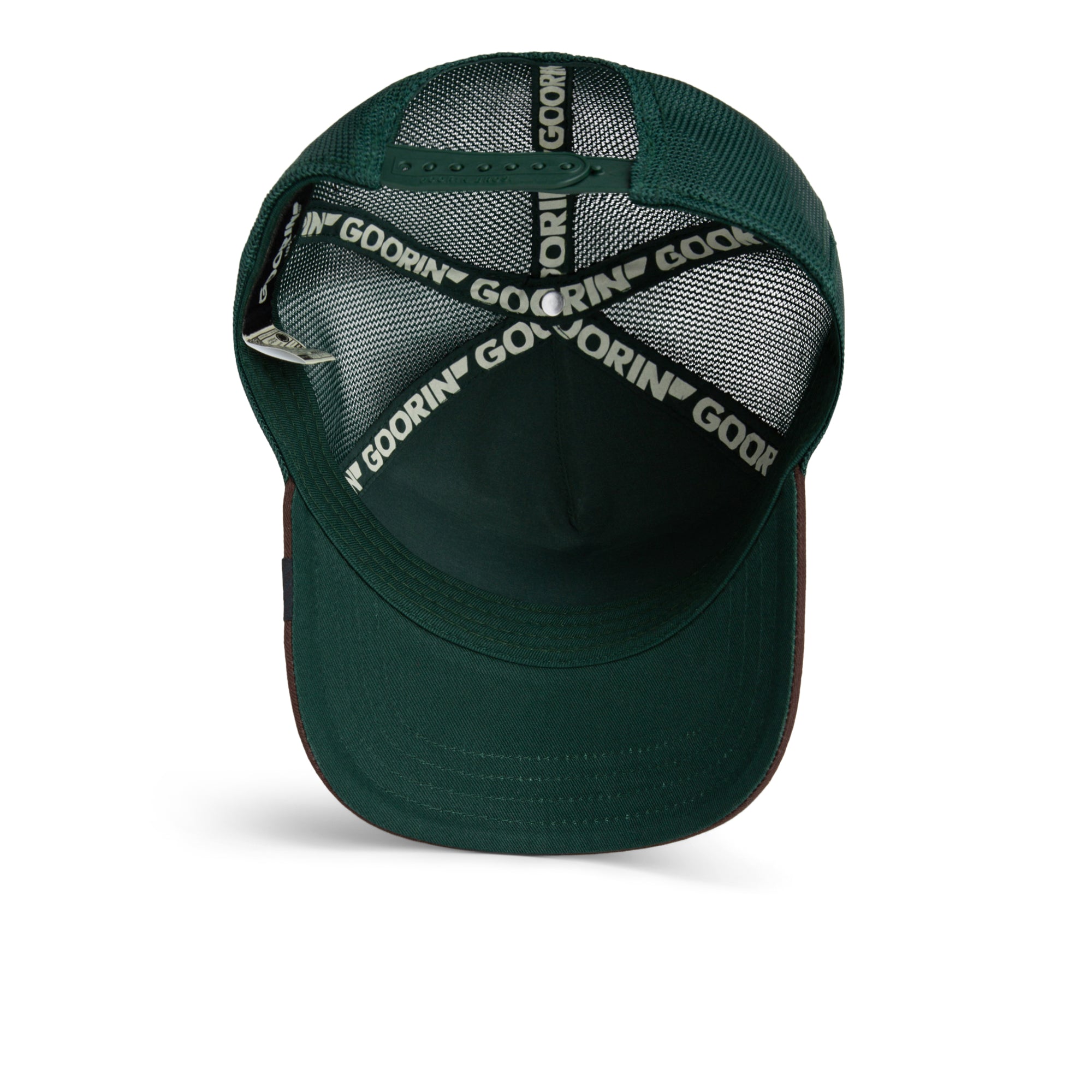 Goorin Bros tricolor giraf trucker cap med multicolor design, åben mesh baglygte og justerbar rem.