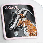 Trucker cap fra Goorin Bros i tricolour med farverige detaljer og justerbart stykke, set forfra.