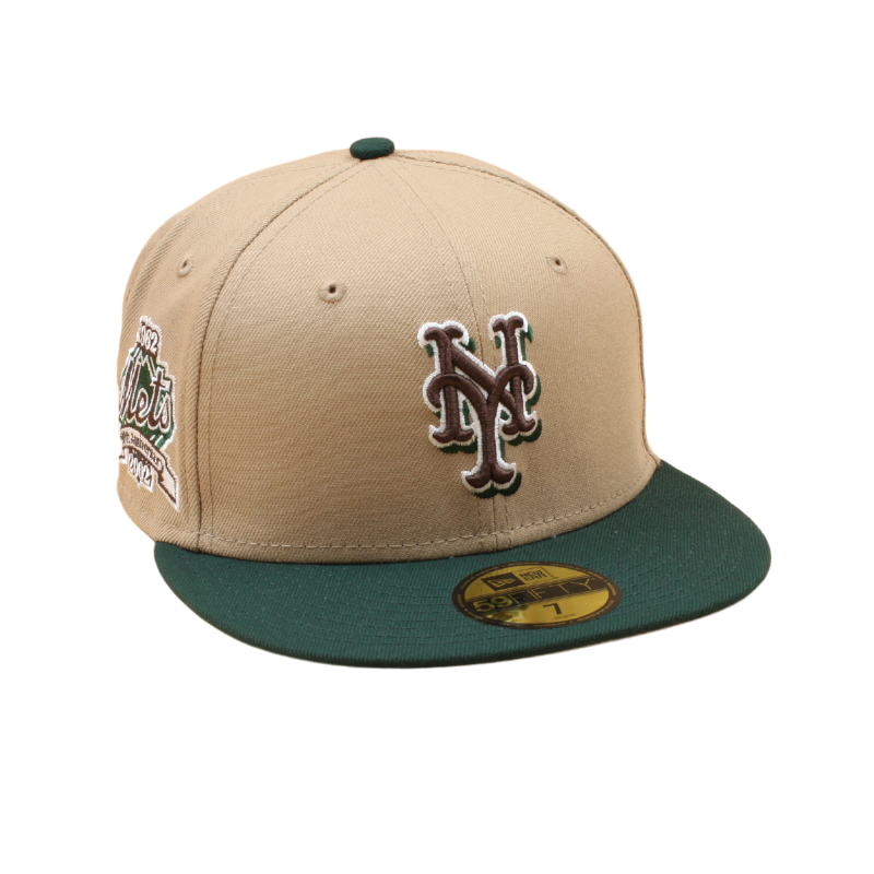 New Era New York Mets Cooperstown 59Fifty cap i kamel og mørkegrøn farve med 40th Anniversary logo.