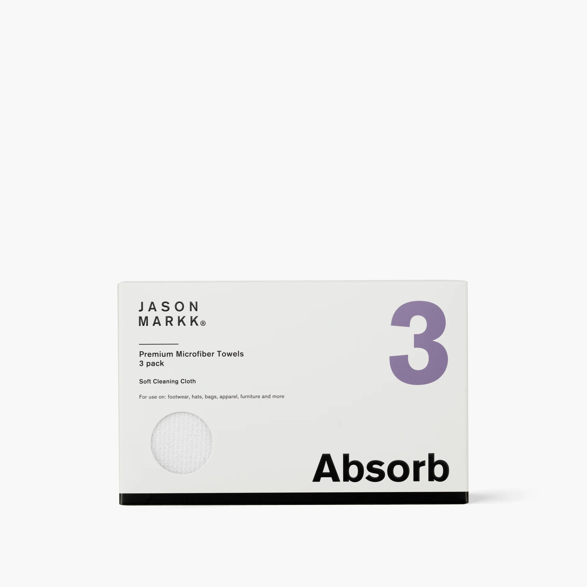 Jason Markk microfiber vaskekludekasse med tre grå microfiberklude til rengøring og pleje af sko.