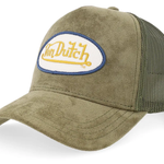 Von Dutch trucker cap i olivengrøn suede med oval patch, justerbar snapback og klassisk stil.