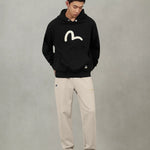 Sort EVISU hoodie med seagull print, afslappet crewneck i komfortabelt materiale, detaljeret design og logo på brystet