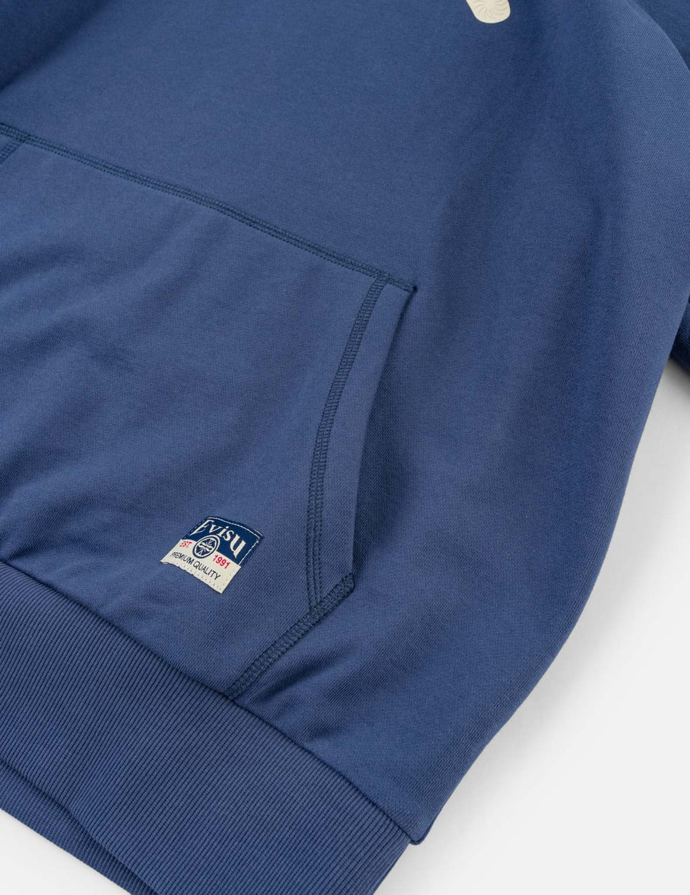 Dunk blå EVISU hoodie med sejlerfugleprint og hætte, blød bomuldscrewneck til afslappet stil.