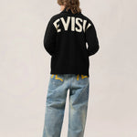 EVISU bomuld-blanding Cowichan cardigan jakke i sort, strikket design med ribkanter og knapper, her vist i et close-up billede