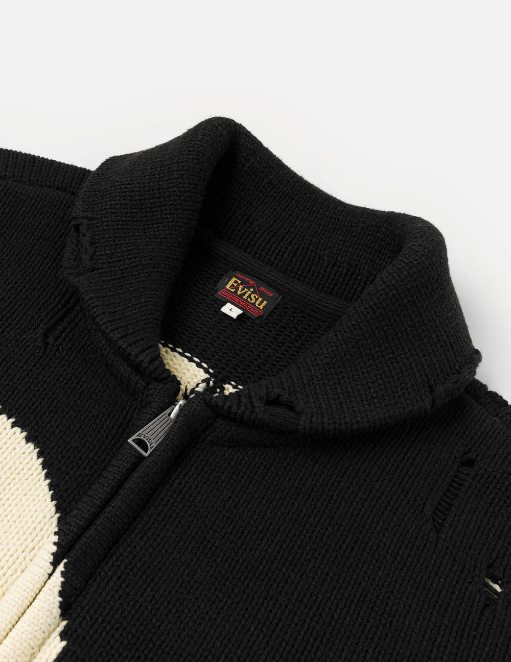 Sort EVISU bomuld-blanding Cowichan cardigan jakke i strikdesign, vist med knapper foran og ribkanter.