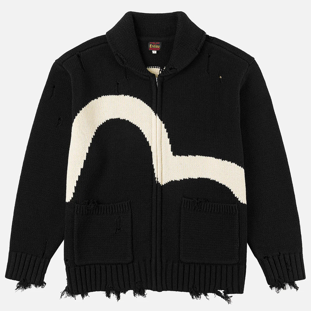 Sort EVISU bomuldsblandet Cowichan-cardigan i strikket design, vises som en afslappet, sort jakke i billedet.