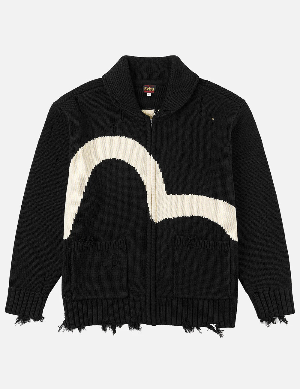 Sort EVISU bomuldsblandet Cowichan-cardigan i strikket design, vises som en afslappet, sort jakke i billedet.