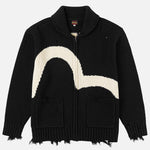 Sort EVISU bomuldsblandet Cowichan-cardigan i strikket design, vises som en afslappet, sort jakke i billedet.