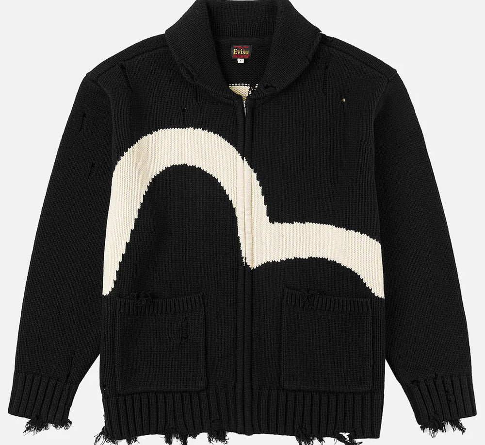 Sort EVISU bomuldsblandet Cowichan-cardigan i strikket design, vises som en afslappet, sort jakke i billedet.