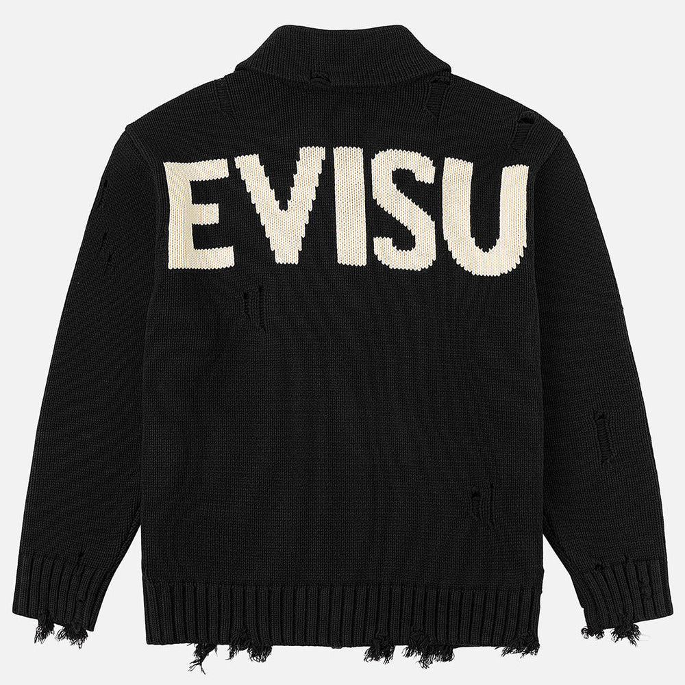 Sort EVISU bomuldsmiks cardigan jakke i strik, afslappet design med ribdetaljer og komfortabel pasform.