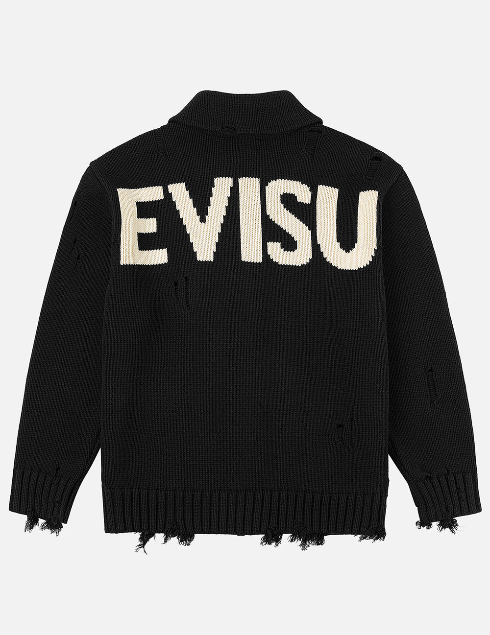 Sort EVISU bomuldsmiks cardigan jakke i strik, afslappet design med ribdetaljer og komfortabel pasform.