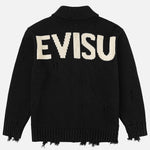 Sort EVISU bomuldsmiks cardigan jakke i strik, afslappet design med ribdetaljer og komfortabel pasform.