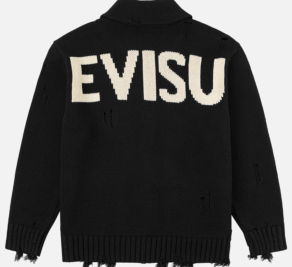 Sort EVISU bomuldsmiks cardigan jakke i strik, afslappet design med ribdetaljer og komfortabel pasform.