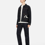 EVISU denimjakke med sejlerfuglprint i rå indigo, klassisk jakke i denim med detaljer og syninger