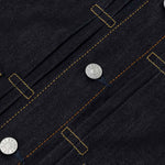 EVISU denimjakke med sølvmåge print i rå indigo, klassisk jakke i denim med detaljer og syninger, stilfuldt og unikt design