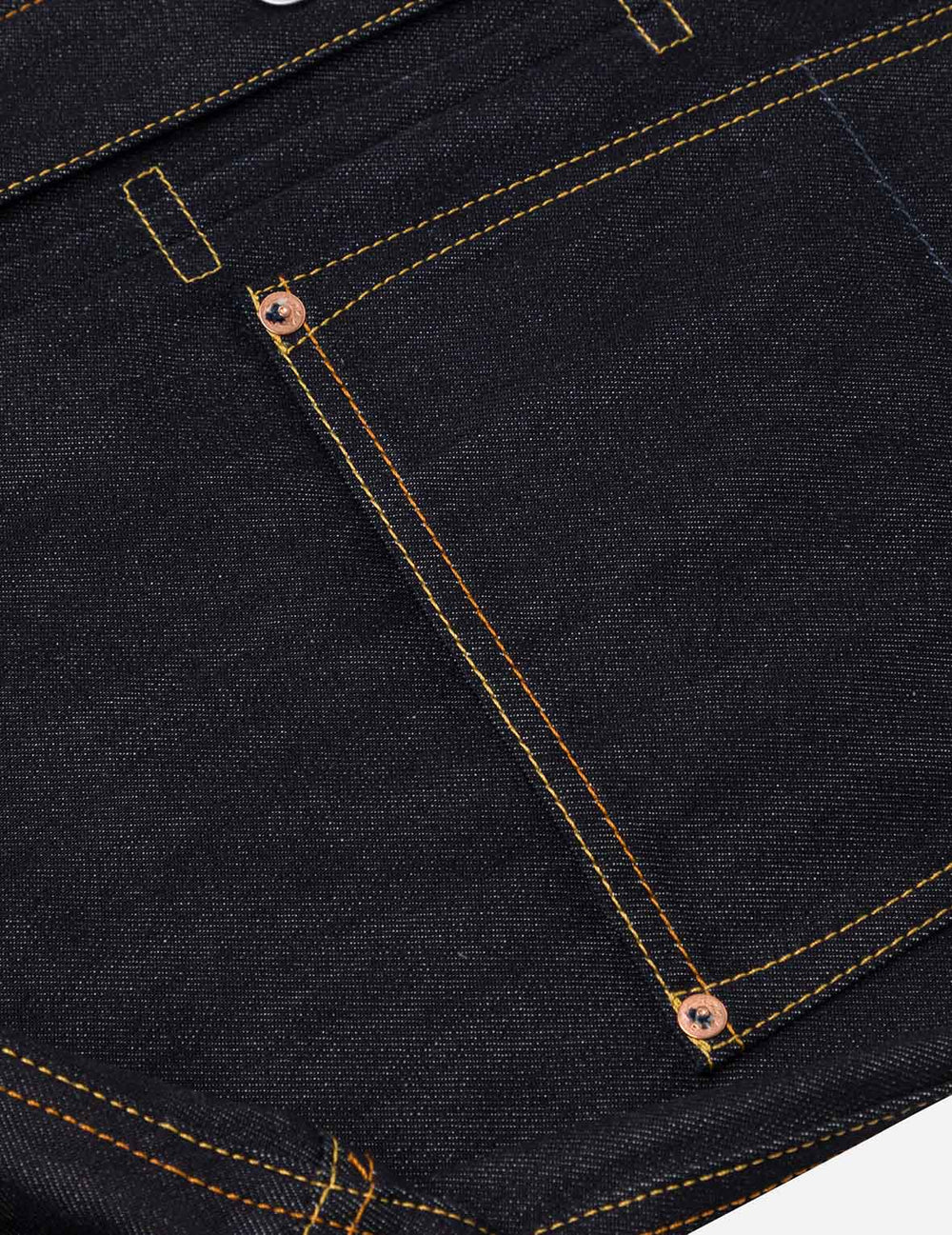 EVISU denimjakke med sejlagningsprint i rå indigo, langærmet jakke med klassisk jeans-design og synlige syninger.