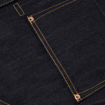 EVISU denimjakke med sejlagningsprint i rå indigo, langærmet jakke med klassisk jeans-design og synlige syninger.