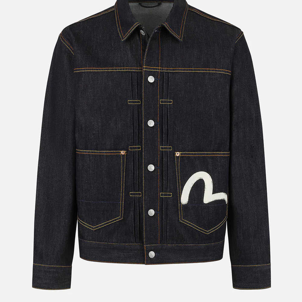 EVISU denimjakke med sejlskib print, rå indigo, klassisk jakke i denim med synlige syninger og detaljer.