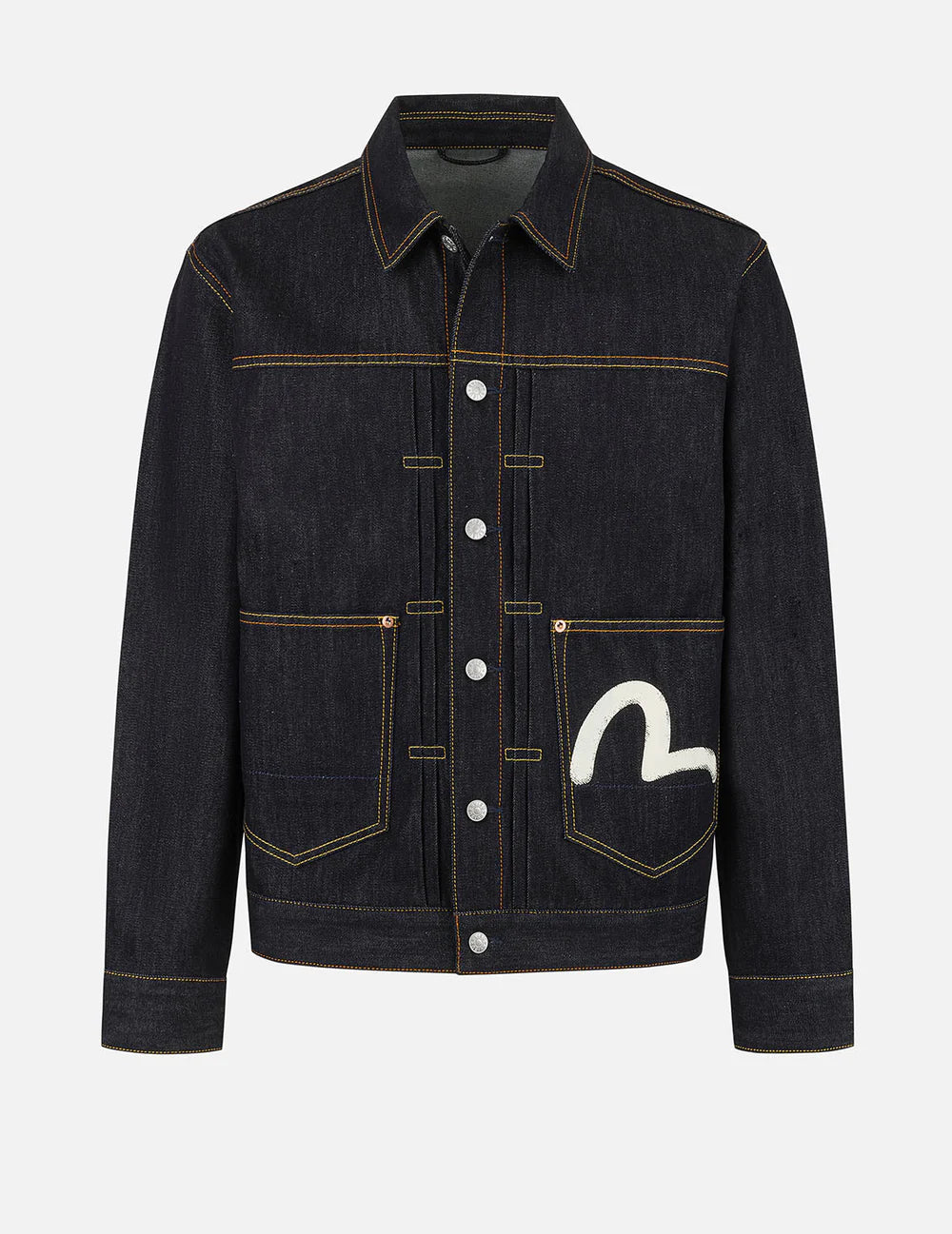 EVISU denimjakke med sejlskib print, rå indigo, klassisk jakke i denim med synlige syninger og detaljer.