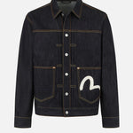 EVISU denimjakke med sejlskib print, rå indigo, klassisk jakke i denim med synlige syninger og detaljer.