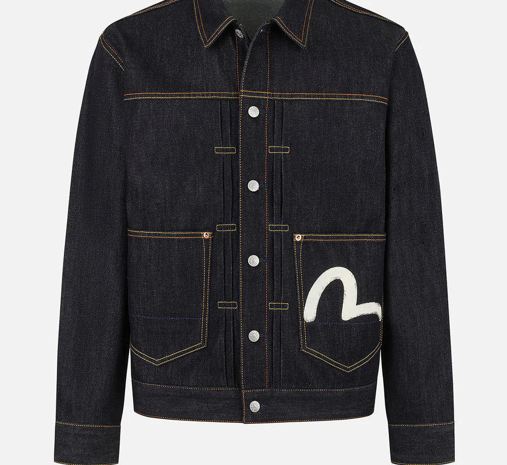 EVISU denimjakke med sejlskib print, rå indigo, klassisk jakke i denim med synlige syninger og detaljer.