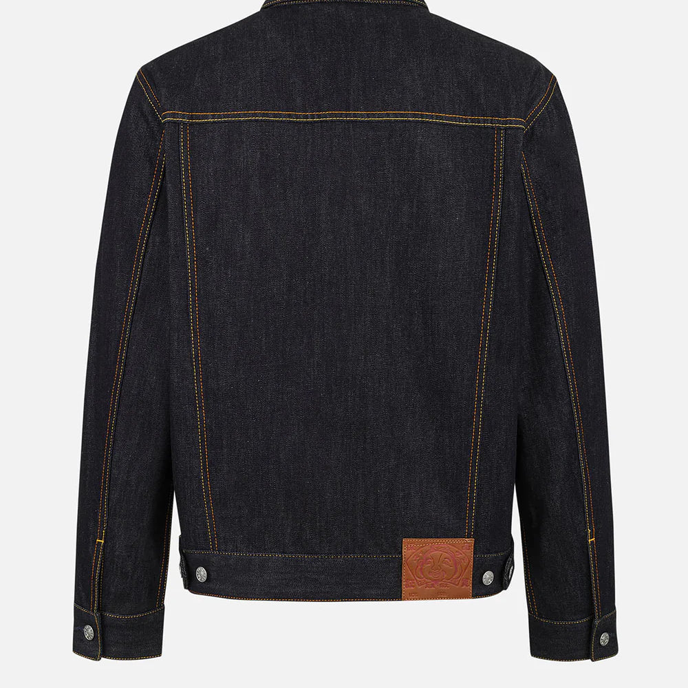 EVISU denimjakke med sejlulprint i rå indigo, klassisk jakketype med detaljer i denimmateriale.