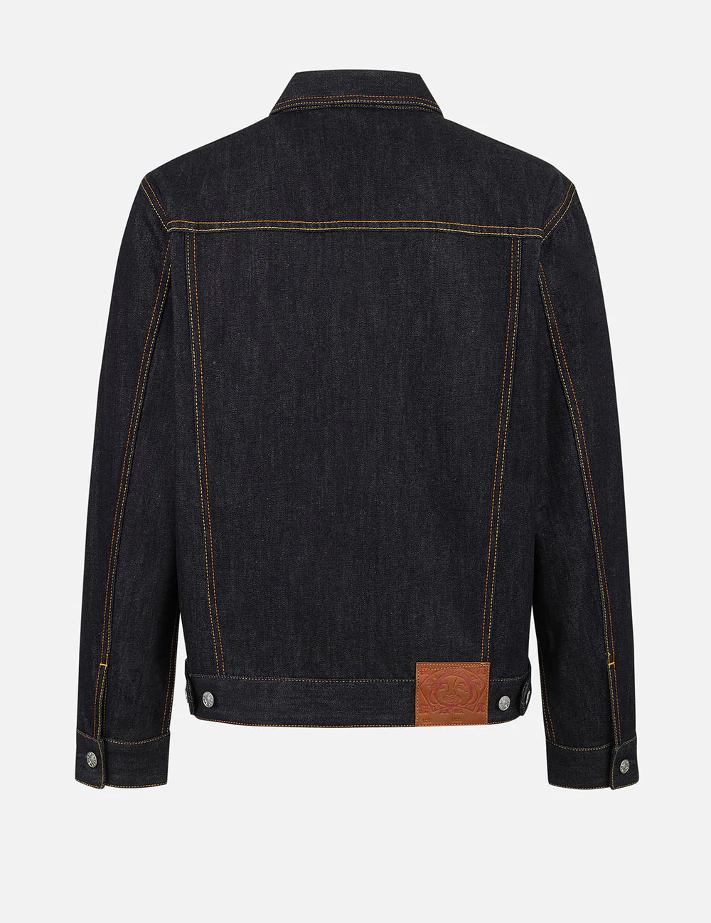 EVISU denimjakke med sejlulprint i rå indigo, klassisk jakketype med detaljer i denimmateriale.