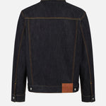 EVISU denimjakke med sejlulprint i rå indigo, klassisk jakketype med detaljer i denimmateriale.