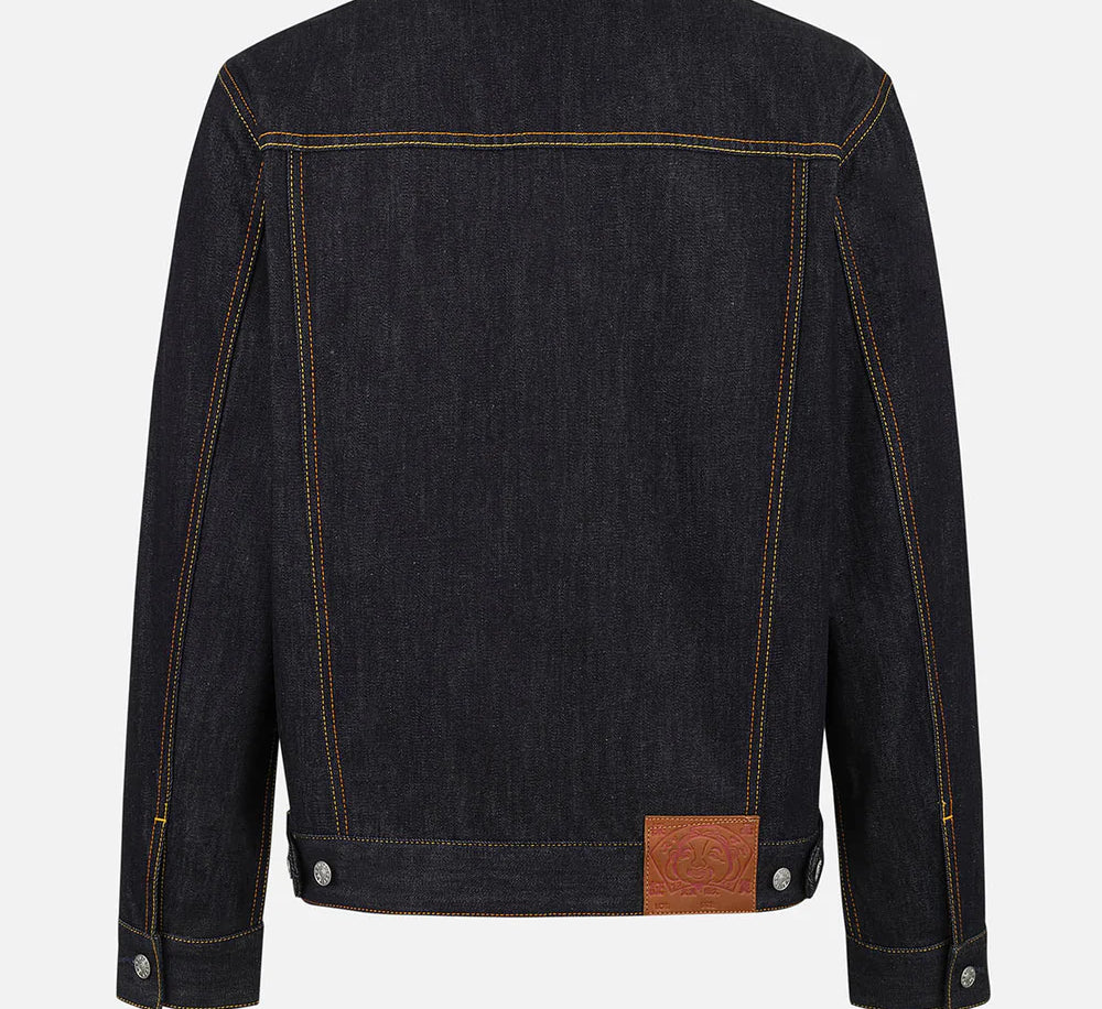 EVISU denimjakke med sejlulprint i rå indigo, klassisk jakketype med detaljer i denimmateriale.
