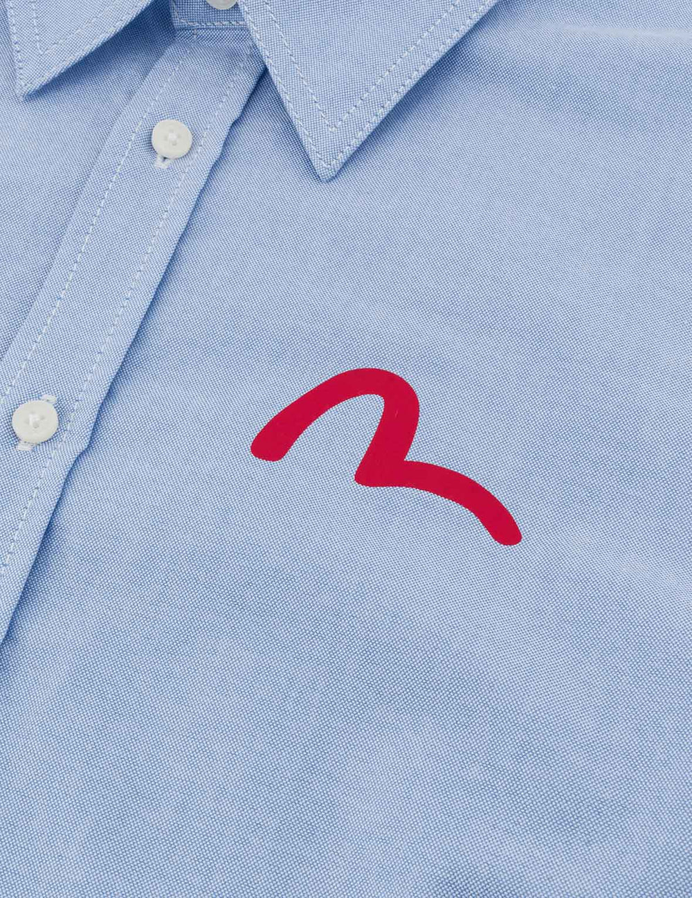 EVISU blå Oxford skjorte med sort mågeskyllemønster, langærmet, klassisk design, stofdetaljer og knapper foran.