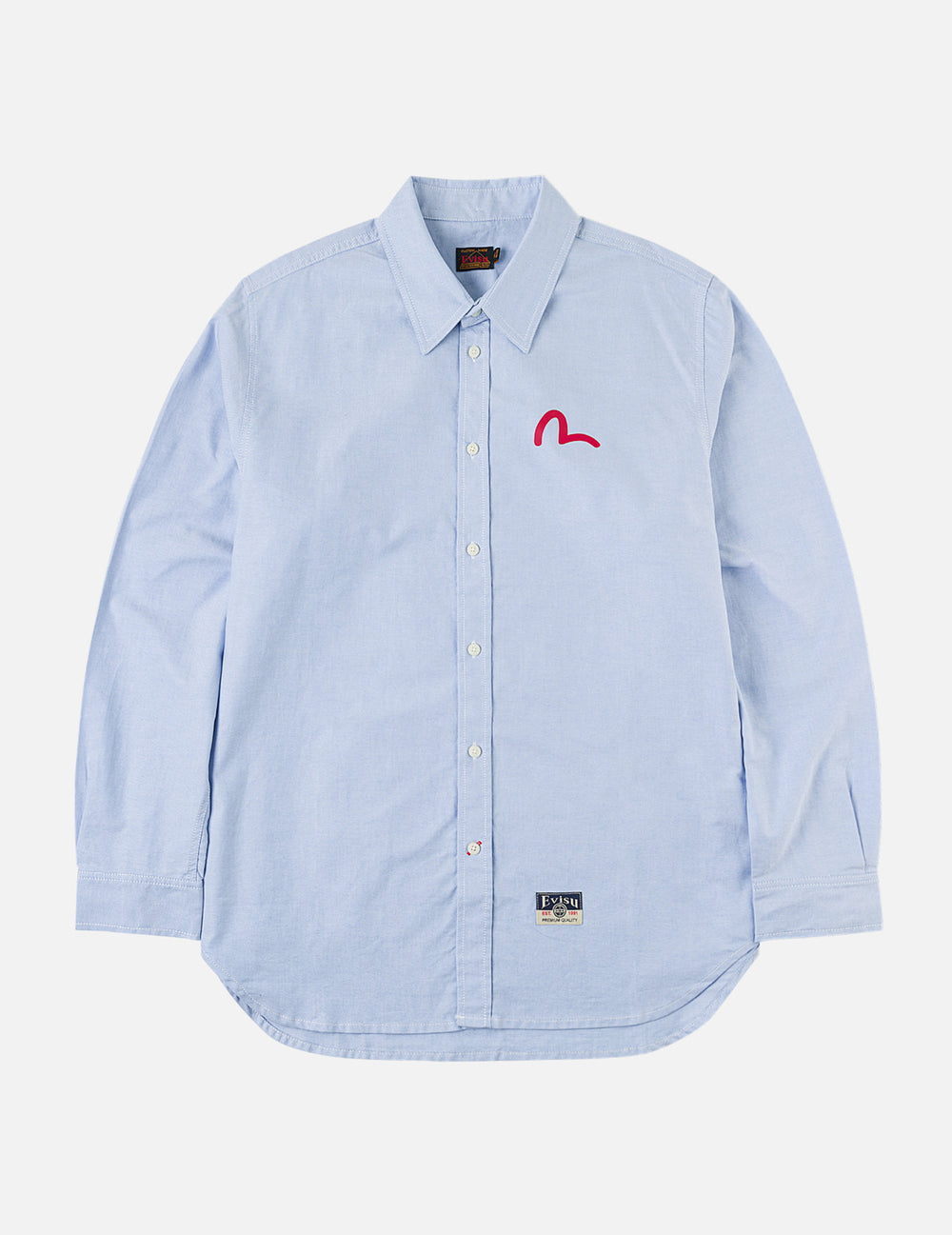 EVISU langærmet Oxford-skjorte med sort mågeskildesign i blå, vises fladt med knapper og klassisk krave.