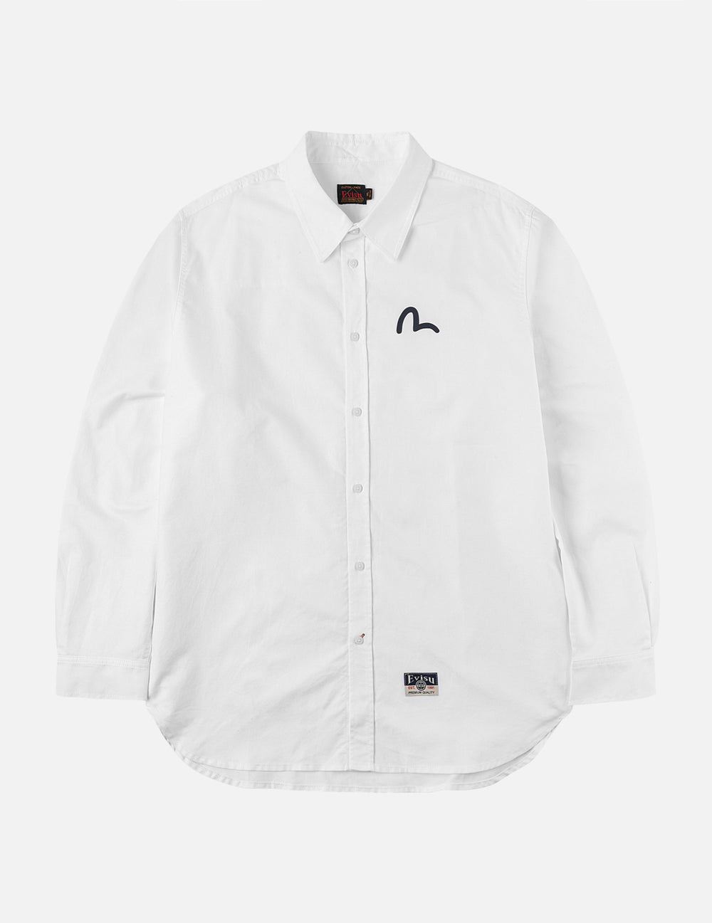 Hvid EVISU Oxford skjorte med sort mågeskæg print, langærmet casual skjorte til mænd.