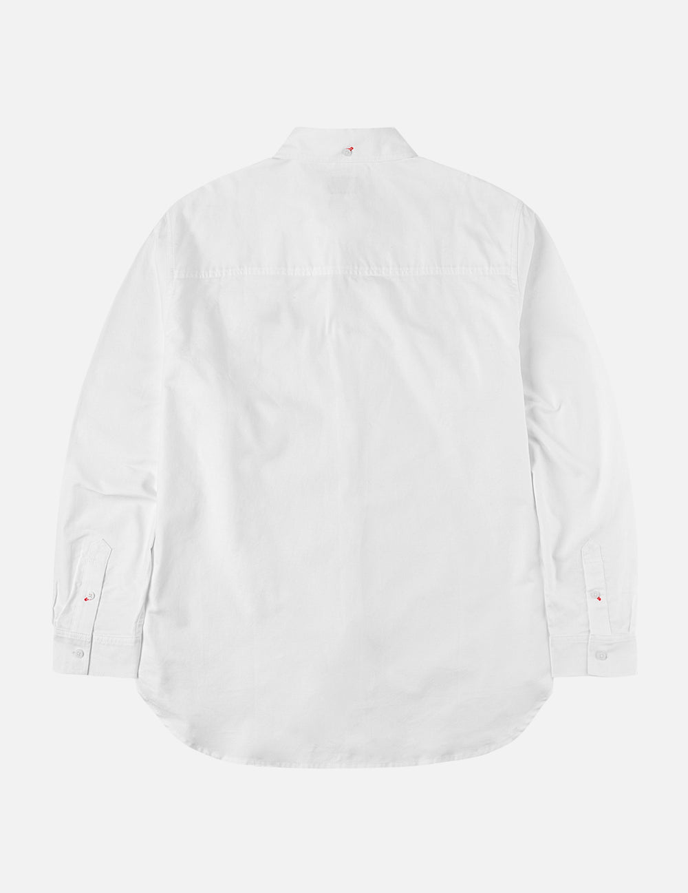 Hvid EVISU Oxford skjorte med sort mågesilhuetprint, langærmet og klassisk design, vises i billedet.