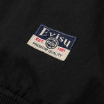 Sort EVISU-bomberjakke med Daicock-print og slidstærkt stof, vist med lynlås og ribkant.