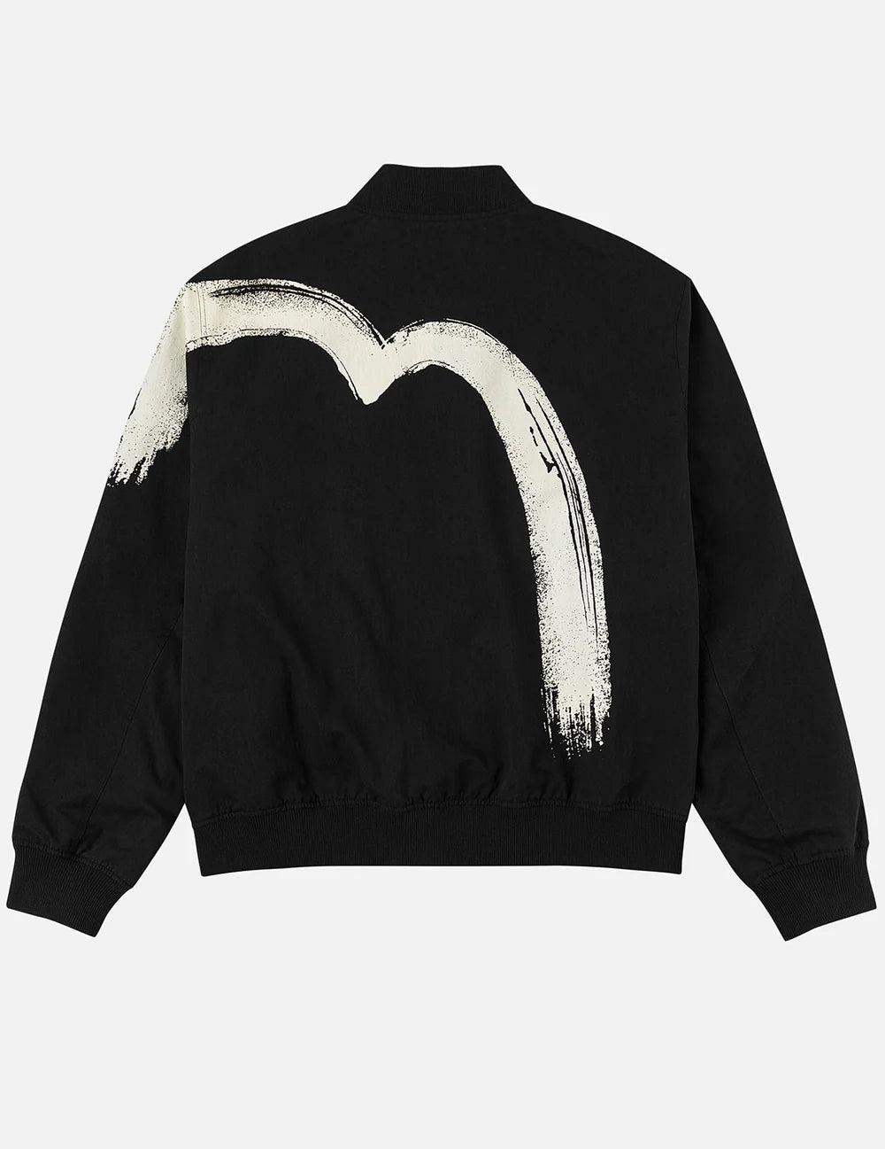 Sort EVISU-bomberjakke med Daicock-print, viser jakken med logo og detaljer i sort med tryk på forsiden og ærmerne.