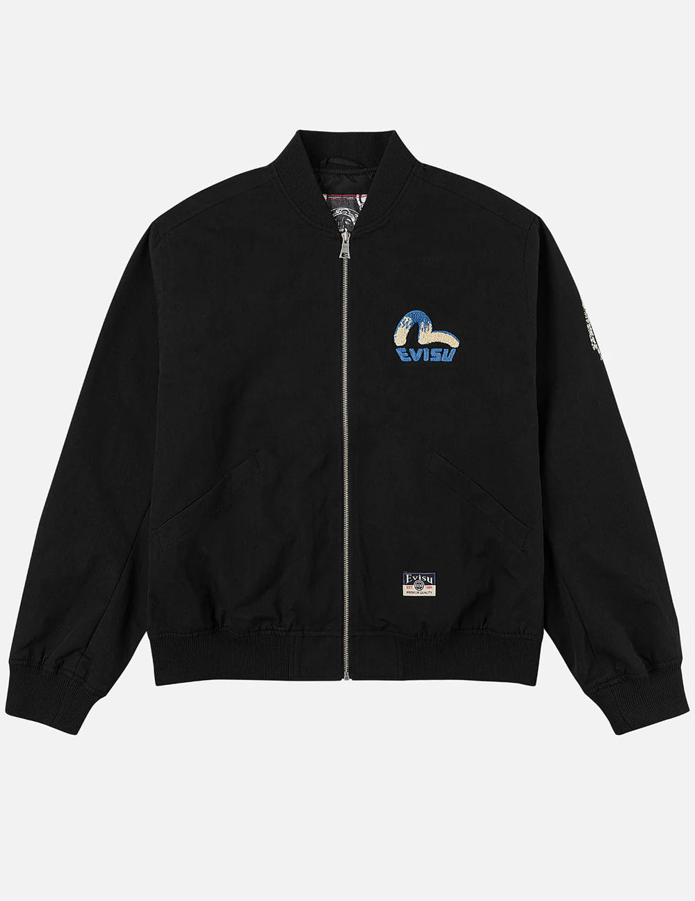 Sort EVISU bomberjakke med Daicock-print, vises med detaljeret design og logo på forsiden.