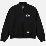 Sort EVISU bomberjakke med Daicock-print, vises med detaljeret design og logo på forsiden.