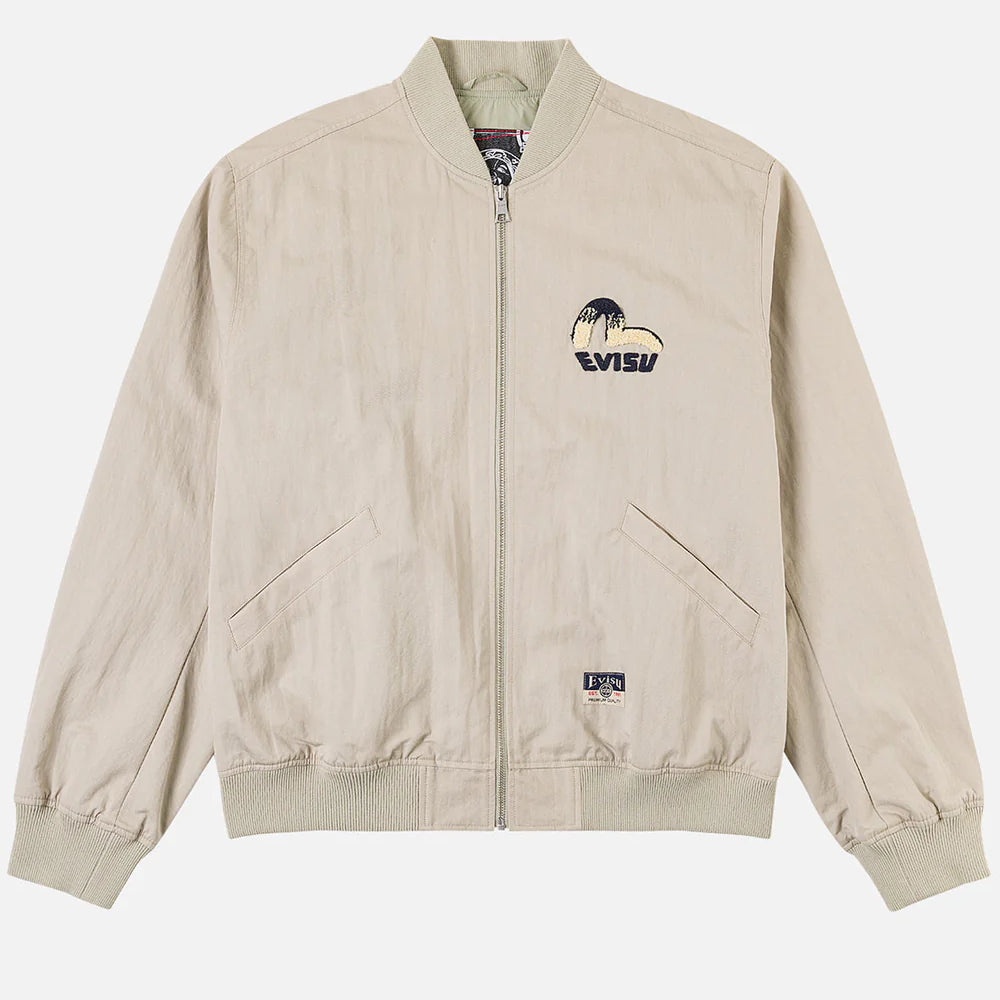 Grå EVISU bomberjakke med Daicock-print, vises med detaljeret design og logo på fronten.
