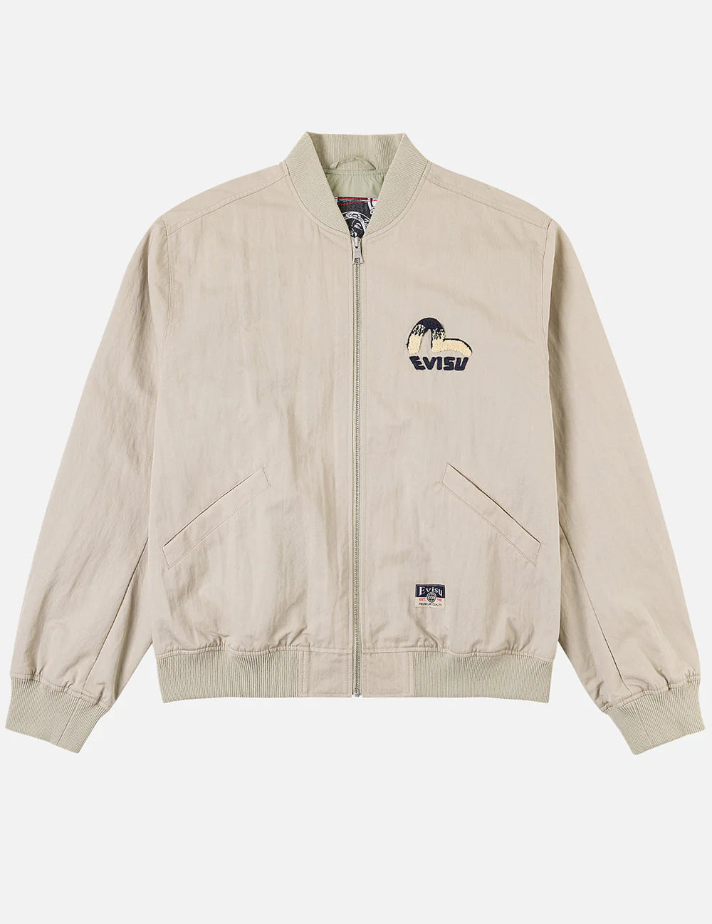 Grå EVISU bomberjakke med Daicock-print, vises med detaljeret design og logo på fronten.