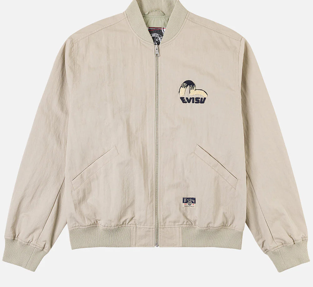Grå EVISU bomberjakke med Daicock-print, vises med detaljeret design og logo på fronten.