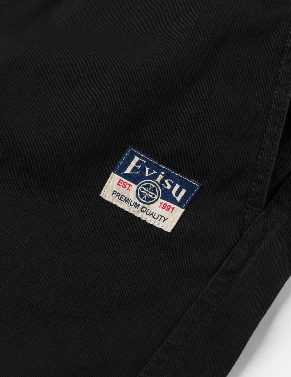 EVISU sorte woven shorts med sejluldsprint, casual herreshorts med elastisk talje og lommer, perfekt til sommerbrug