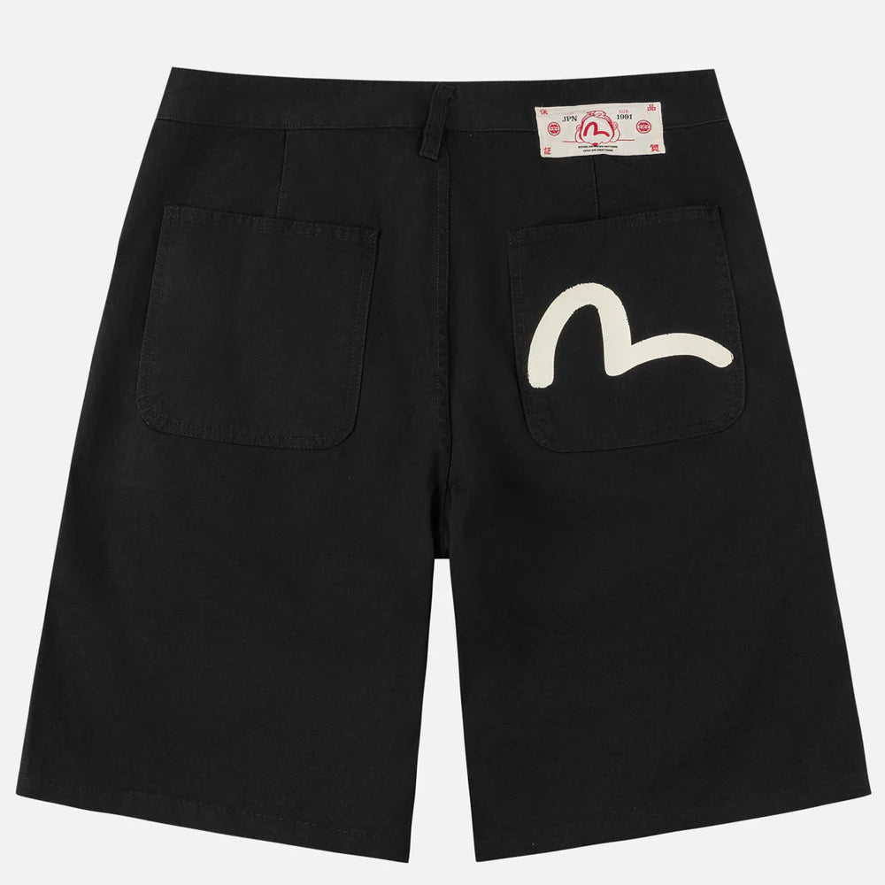 EVISU sorte shorts med seagull print, vævet materiale, afslappet pasform, perfekt til sommer- og fritidsbrug.