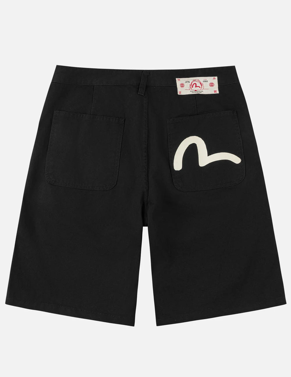 EVISU sorte shorts med seagull print, vævet materiale, afslappet pasform, perfekt til sommer- og fritidsbrug.