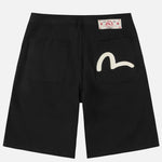 EVISU sorte shorts med seagull print, vævet materiale, afslappet pasform, perfekt til sommer- og fritidsbrug.