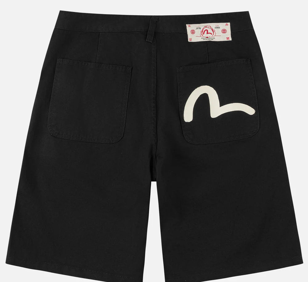 EVISU sorte shorts med seagull print, vævet materiale, afslappet pasform, perfekt til sommer- og fritidsbrug.