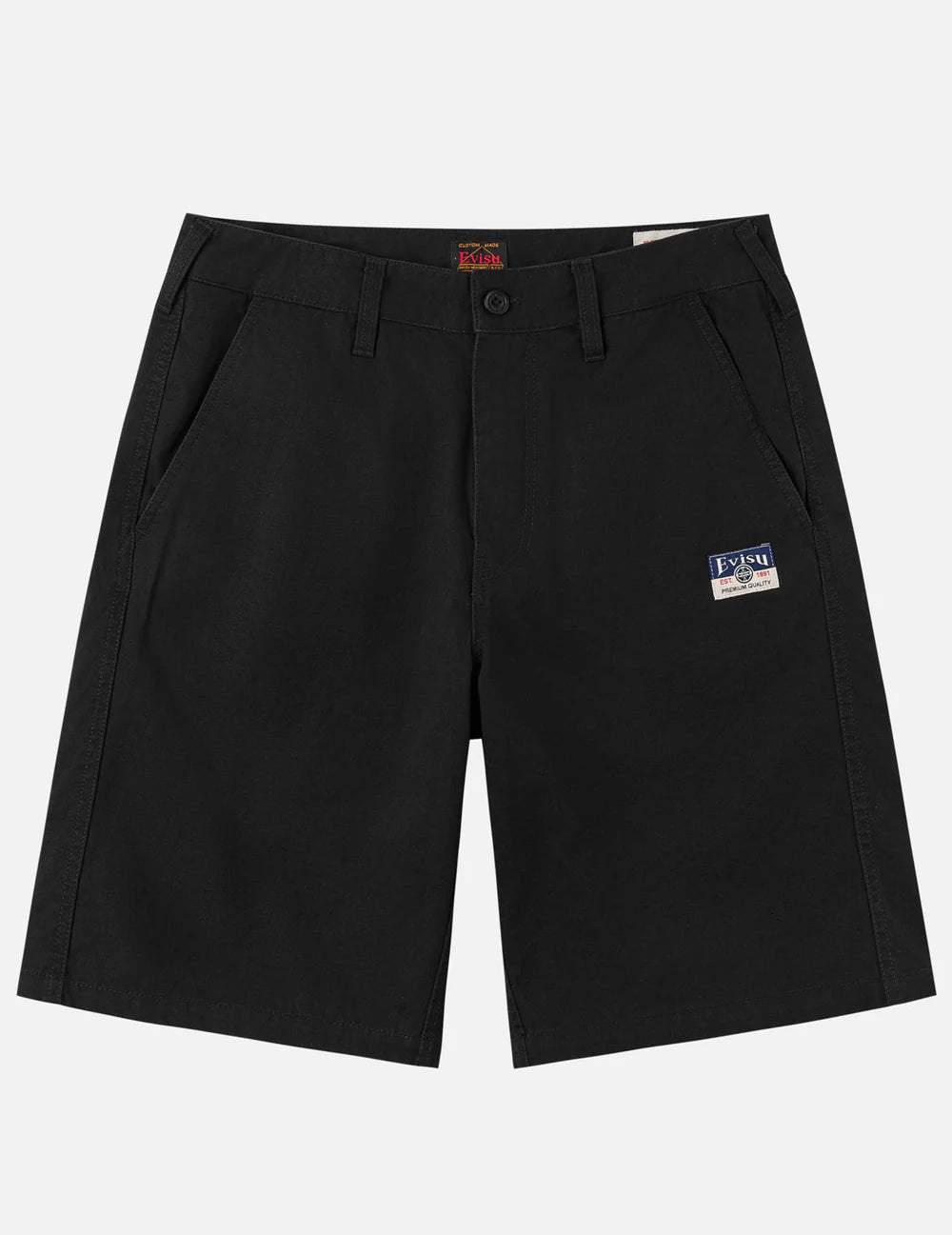 EVISU sorte shorts med sejlerfugl print, vævet materiale, stilfuldt design til afslappede outfits.