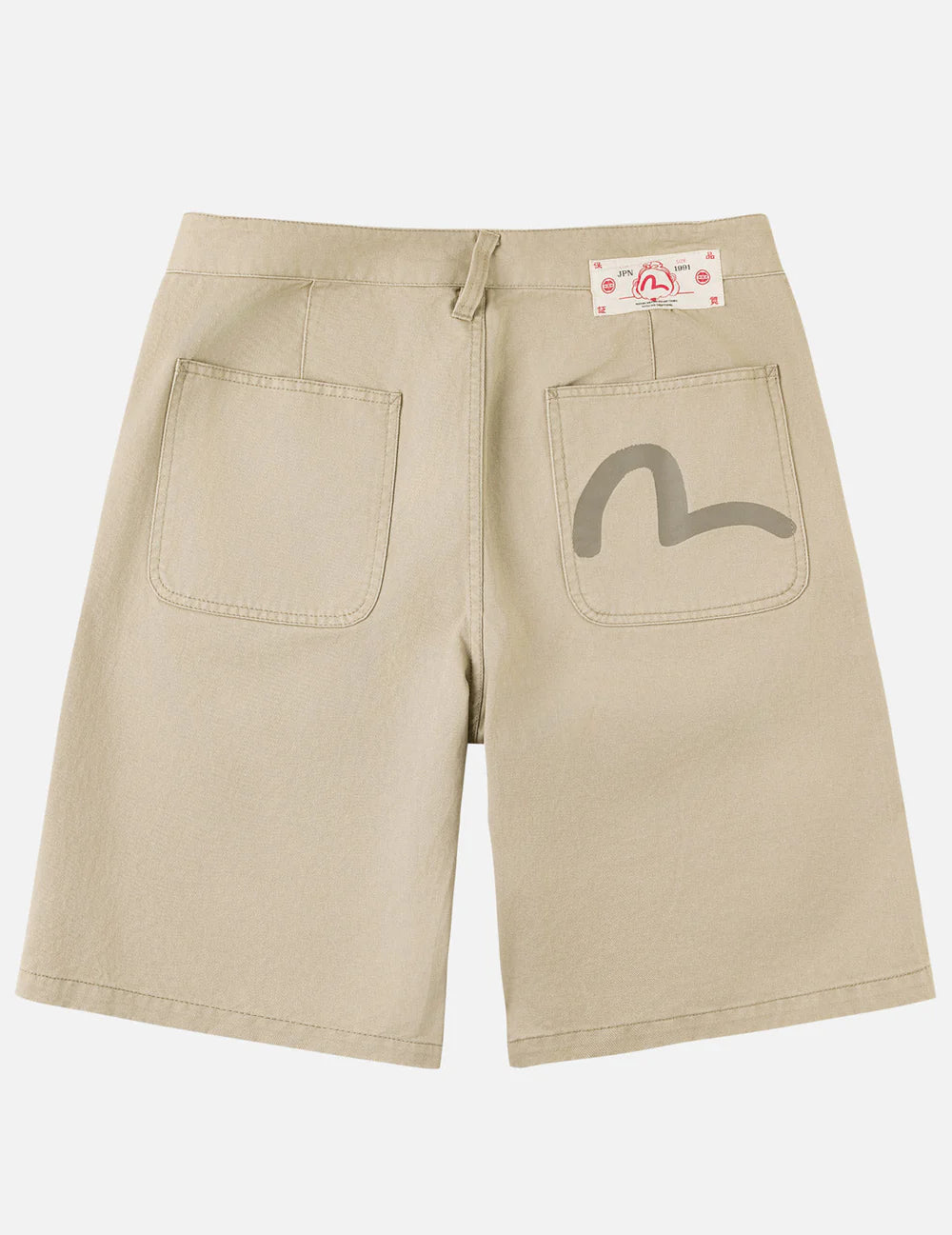 Beige EVISU shorts med fuglemønster og vævet tekstur, perfekt til afslappet sommerlook.