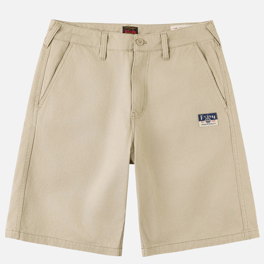 EVISU beige woven shorts med seagull print, afslappet stil, med lommer og justerbar talje, perfekt til sommerbrug.
